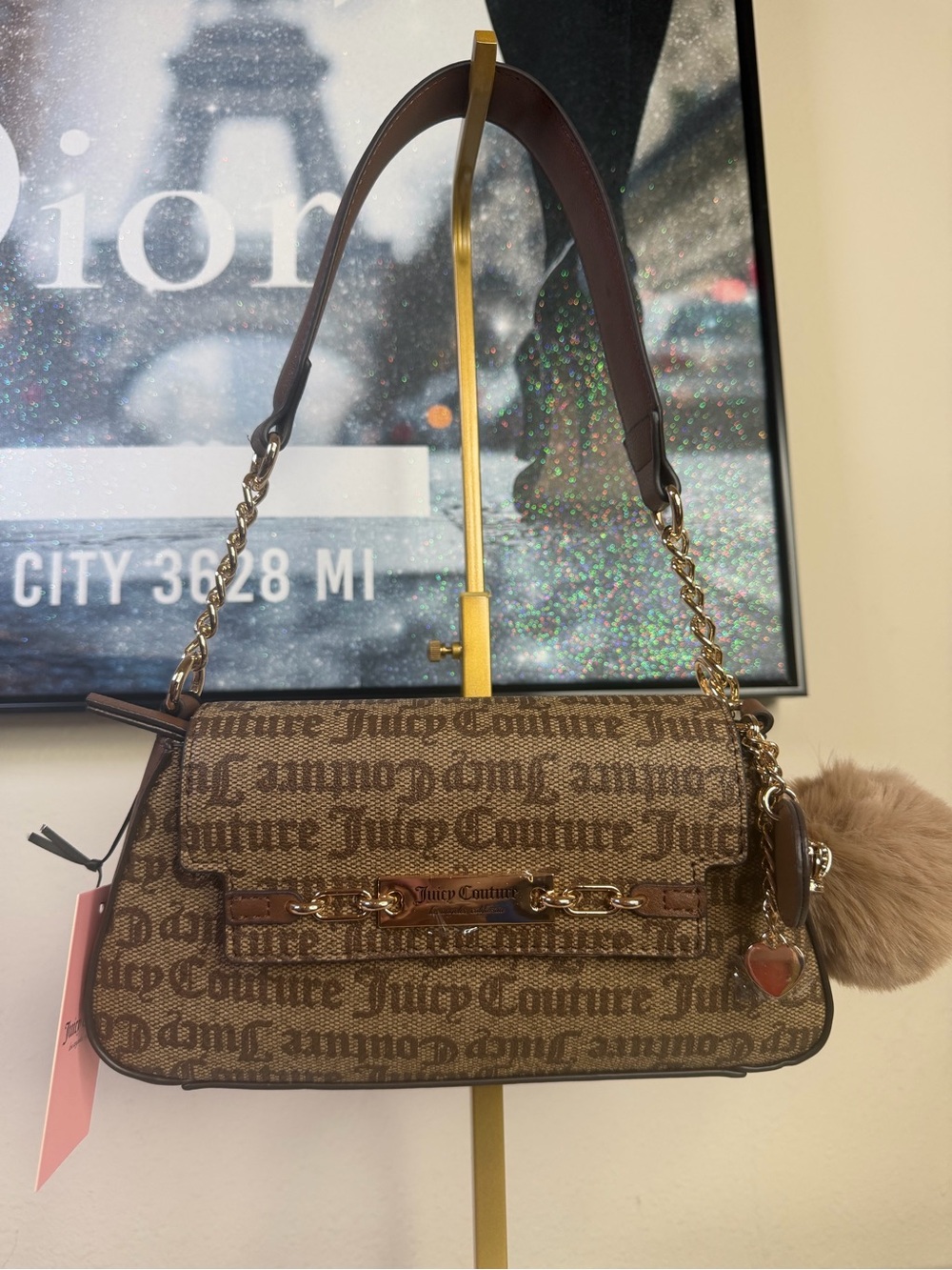 Juicy Couture Brown Logo Chain Shoulder Bag with Pom Charm